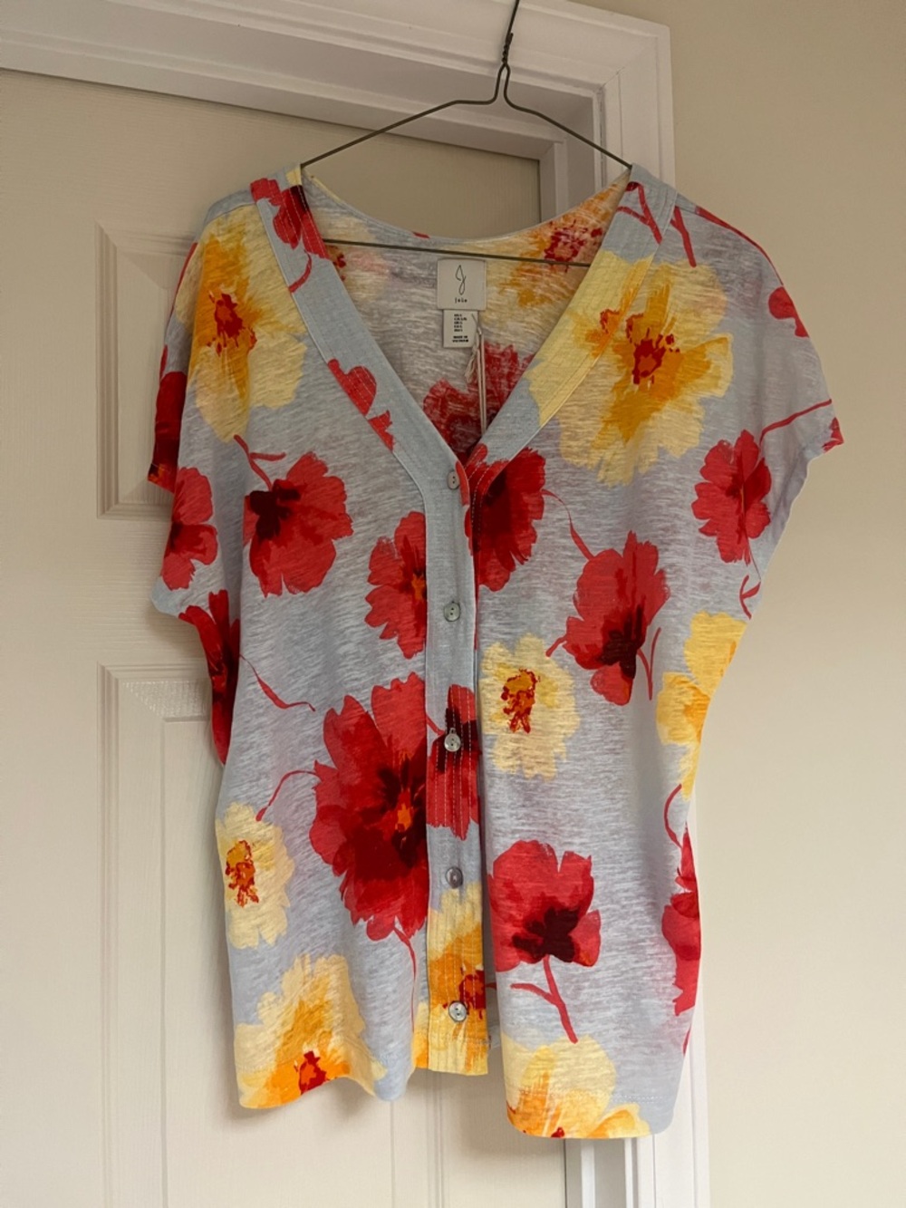 Joie Floral Button-Down Top in Red & Yellow on Light Gray. Nice Linen blend